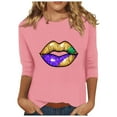 thumbnail image 3 of Jinhomg Funny Mardi Gras Shirt for Women 2025 Fancy Carnival Themed Lips Graphic Tops Plus Size 3/4 Sleeve Parade Pullover Ladies Holiday Party Tees Pink M, 3 of 6
