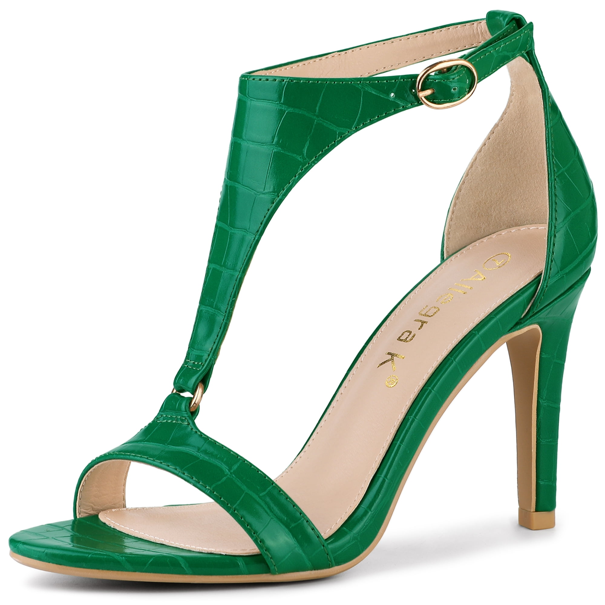 Women s T Strap Embossed Stiletto Heel Sandals Green US 9 UK 7 EU 40 Allegra K Sandalia
