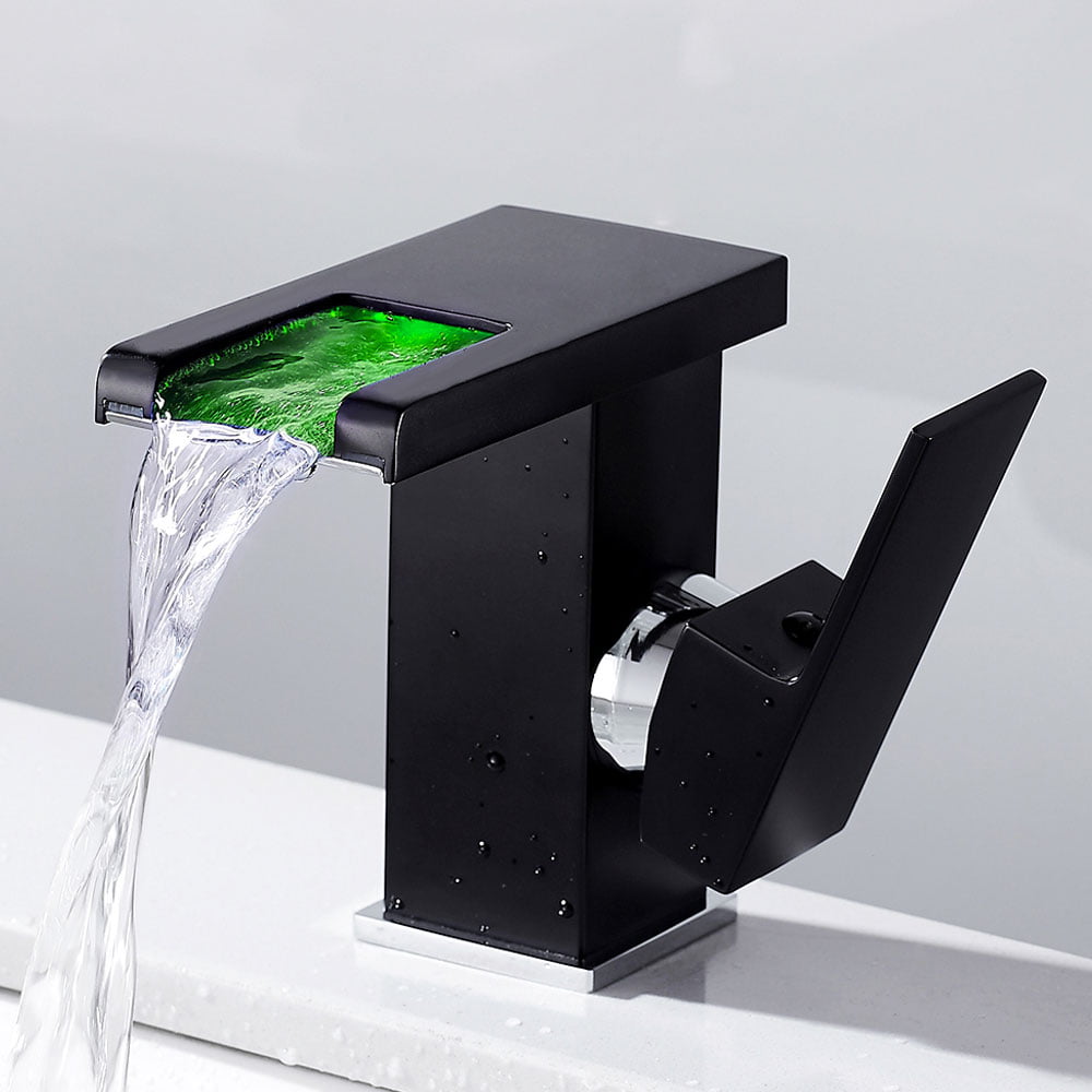 LED Black Bathroom Faucet Waterfall Spout Automatic Sensor Touchless Basin Tap 