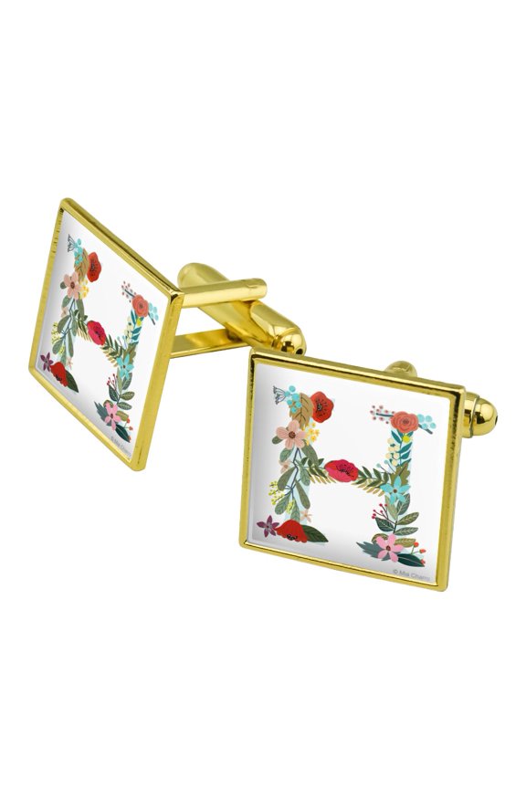 Letter H Floral Monogram Initial Square Cufflink Set - Silver or Gold