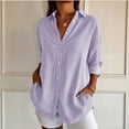 thumbnail image 2 of Qivvo Oversized Striped Button down Shirts for Women Classic Long Sleeve Collared Blouses Office Work Tops Outfit(Purple,Medium), 2 of 7