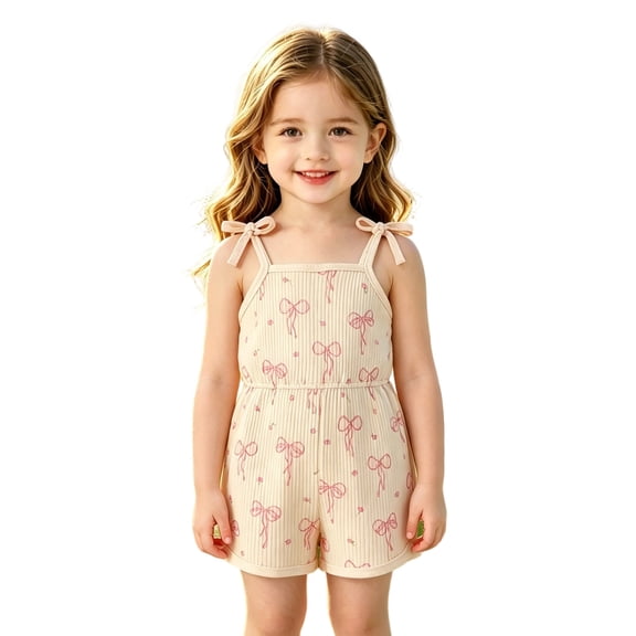 Tfken Girls Romper Summer Sleeveless Bow Graphic Comfy Casual Romper Soft Daily Wear Toddler Comfortable Clothes Size 12-18 Months Beige