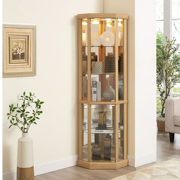 HIUU Light Corner Cabinet with Glass Door and Lighting, Wood Display Cabinet Corner with 5 Cabinet for Living Room, Cabinet for Wine and Antique Storage,Oak(light bulb not included)