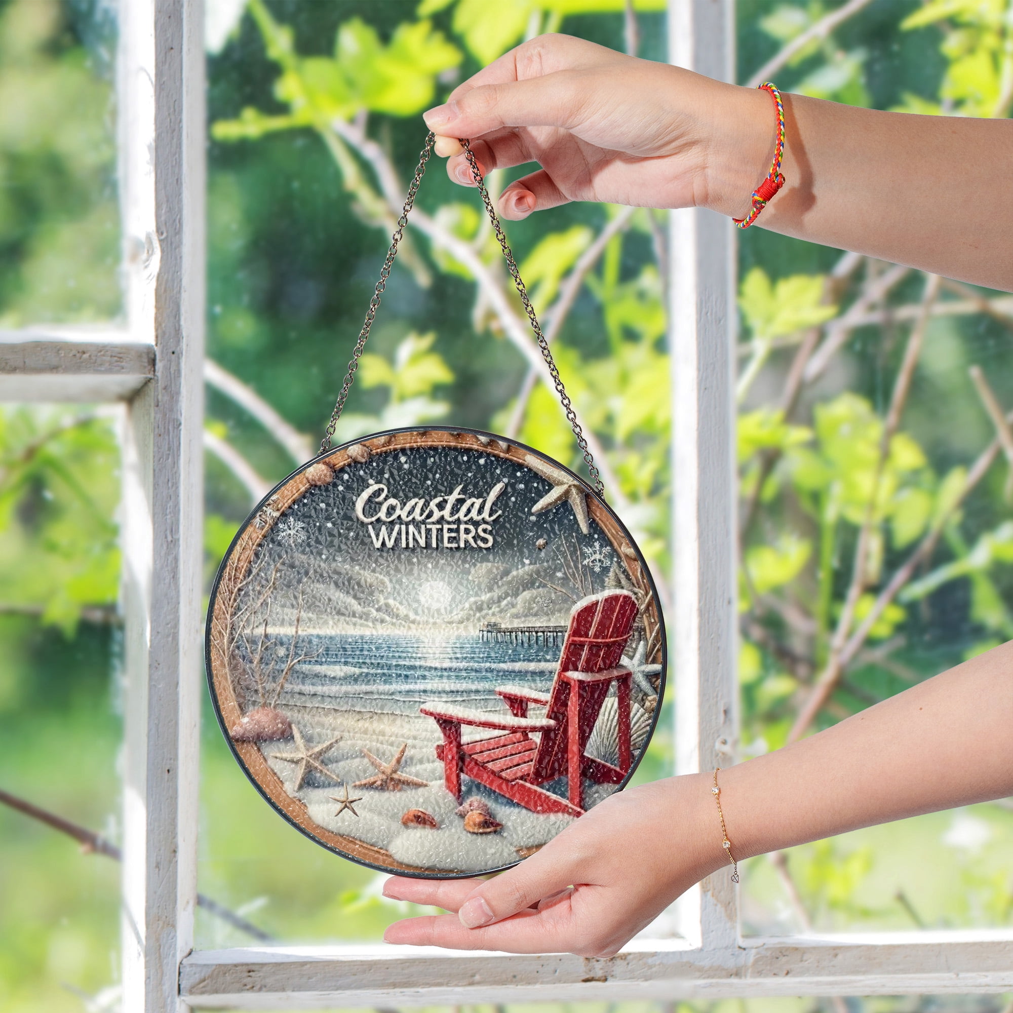 Coastal Winter Red Chair Driftwood Suncatcher Stained Glass Style UV Printed Glass Beach Holiday Home Decor Round