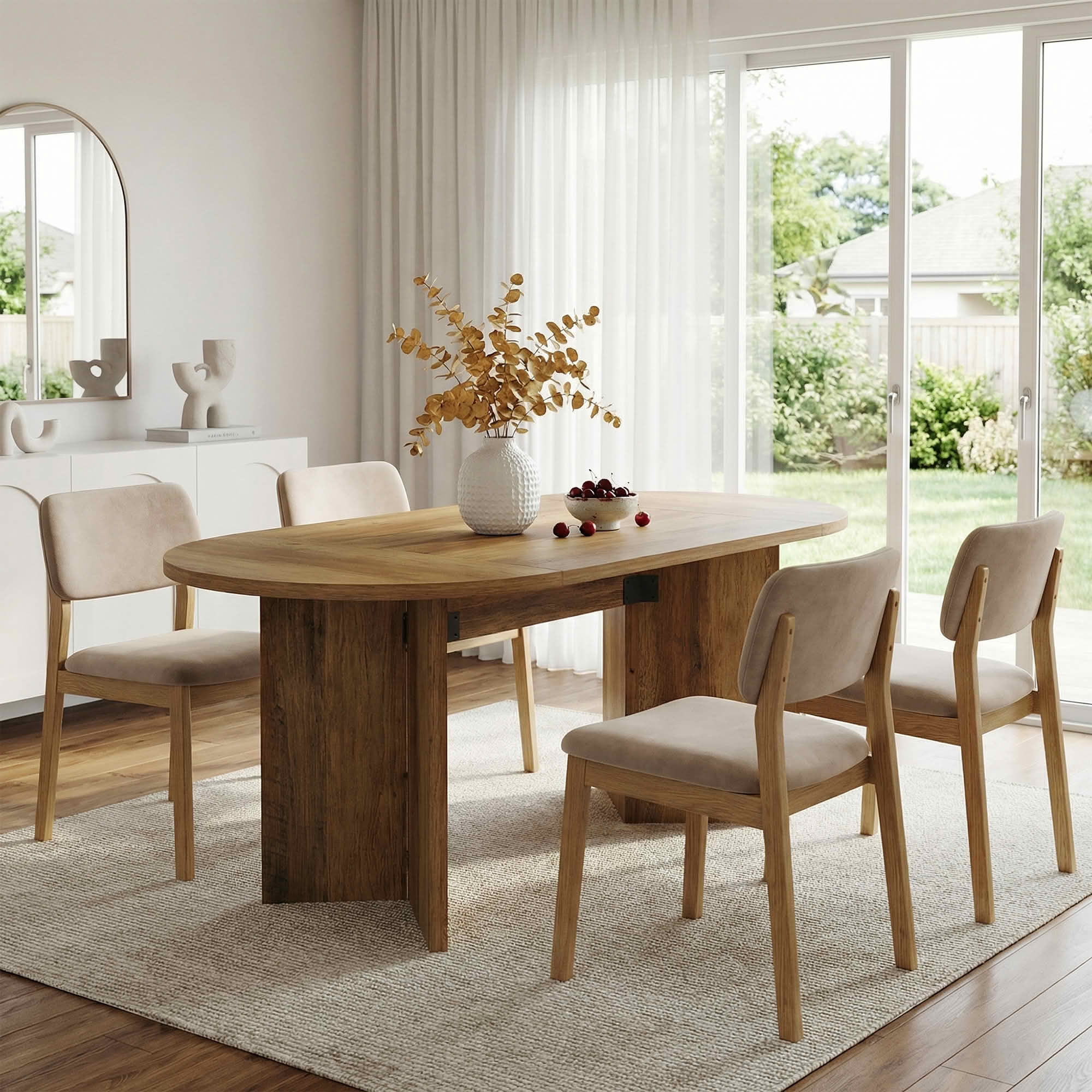 MAYEERTY 63 Inch Oval Farmhouse Dining Table, Rustic Kitchen Dinner Table with Strip Metal Base for 4 to 6 People