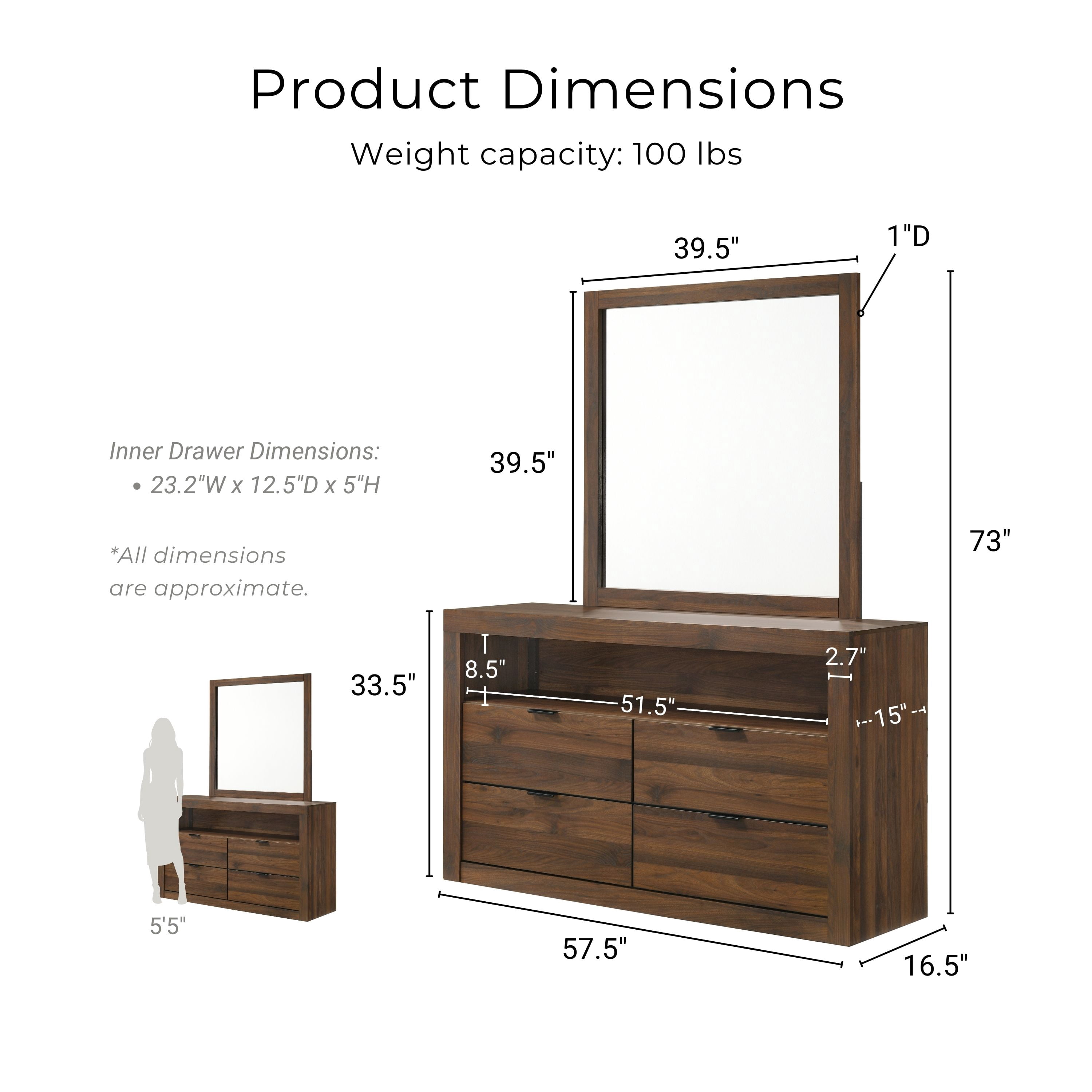 Furniture of America Talia Modern Solid Wood 4-Drawer Dresser with Mirror, Walnut