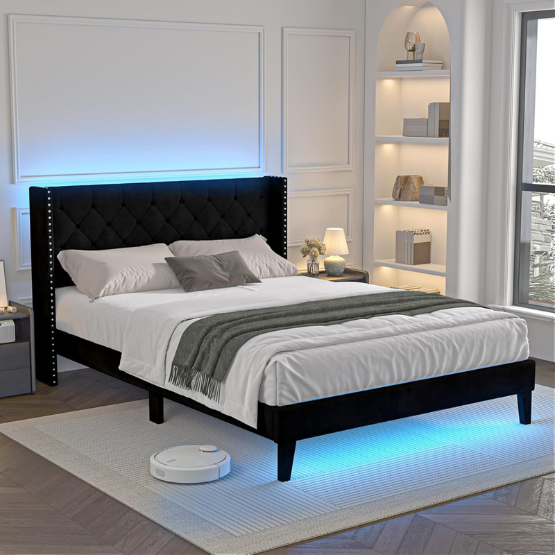 Full Bed Frame with LED Lights, Upholstered Velvet Platform Bed Frames with Button Tufted Wingback Headboard & Footboard - Wooden Slats Support, No Box Spring Needed, Black