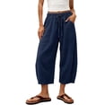 thumbnail image 2 of YVNAURA Womens High Waisted Wide Leg Cropped Pants with Pockets Elastic Drawstring Loose Fit Baggy Sweatpants French Terry Casual Lounge Travel Workout Capri Joggers, Navy,L, 2 of 9
