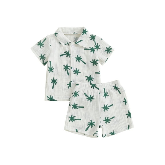JYYYBF Baby Boys Summer Outfits Palm Tree Print Button up Short Sleeves T-Shirt and Elastic Shorts Set for 2 Piece Clothes Set