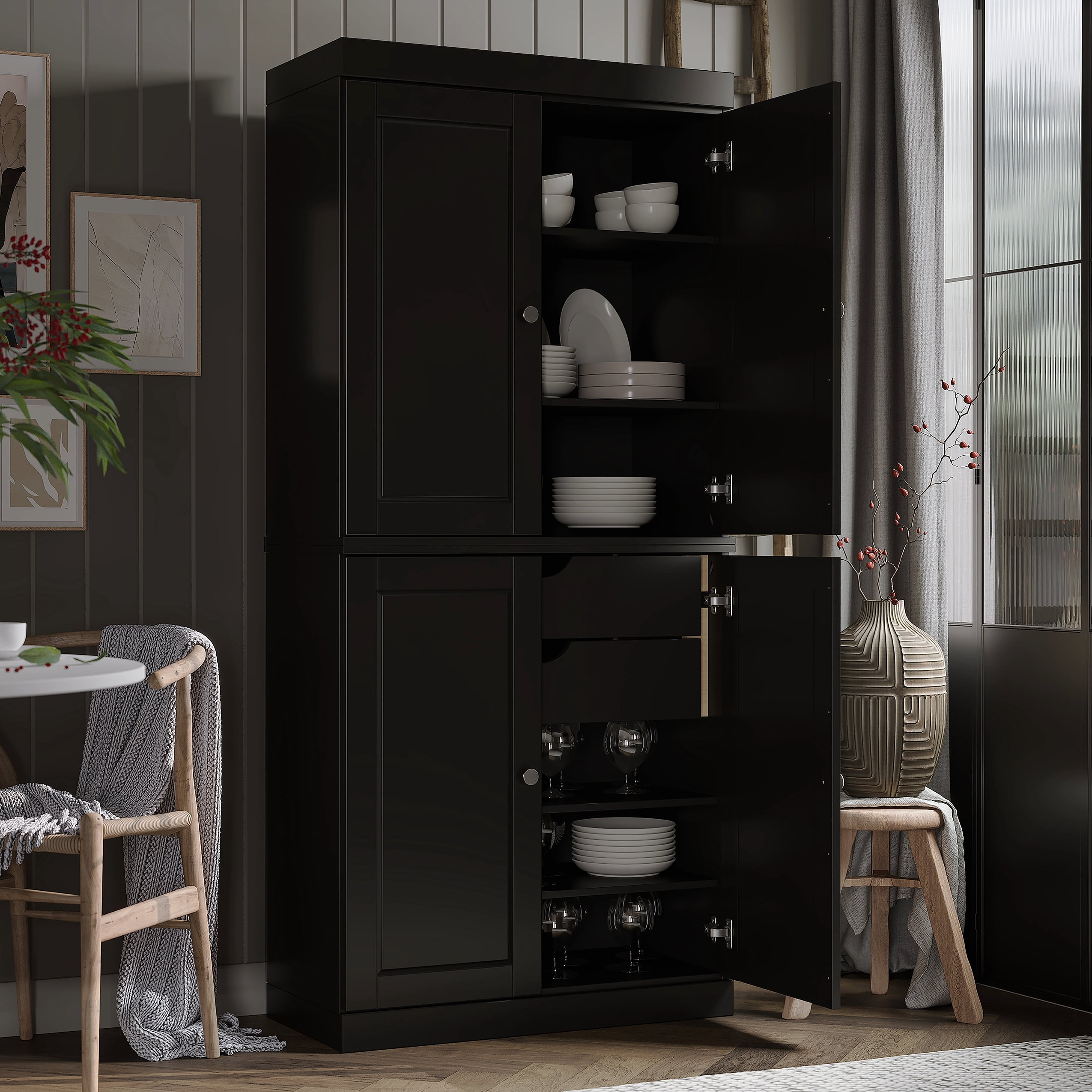 Palace Imports 100% Solid Wood Kitchen Pantry Storage Cabinet with Doors, Adjustable Shelves and 2-Drawers, Black