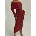 thumbnail image 4 of Women'S Fall Off Shoulder Bodycon Sweater Dress Formal Long Sleeve Elegant Club Party Midi Maxi Dresses Wine Red L, 4 of 9