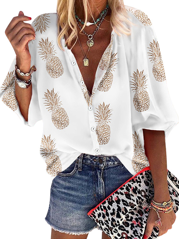 Women Pineapple Printed Lapel Collar 