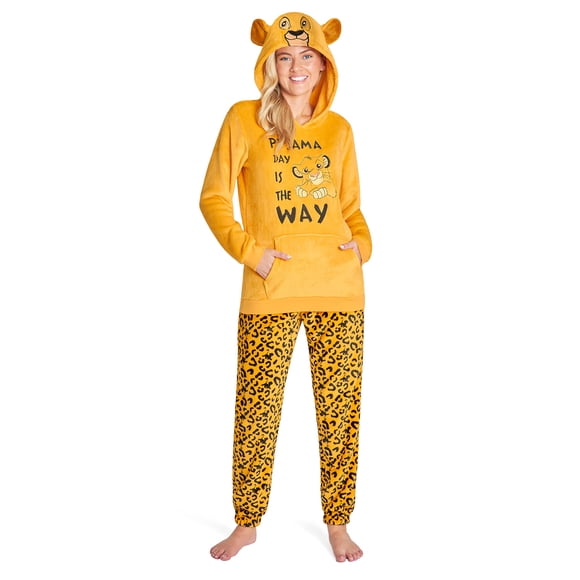 Conjunto de pijama Disney Simba para mujer, forro polar con capucha, color amarillo, talla S