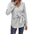 thumbnail image 4 of Xuanfei Women Striped Lapel V Neck Bowknot Tie Front Long Sleeve Blouse, 4 of 7
