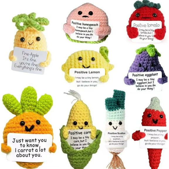 9Pack Handmade Emotional Support Vegetable Fruit Set, Positive Crochet Doll with Card, Inspirational Small Handmade Knitted, Funny Gifts for Women Men Birthday Friends Coworkers, Office Decor