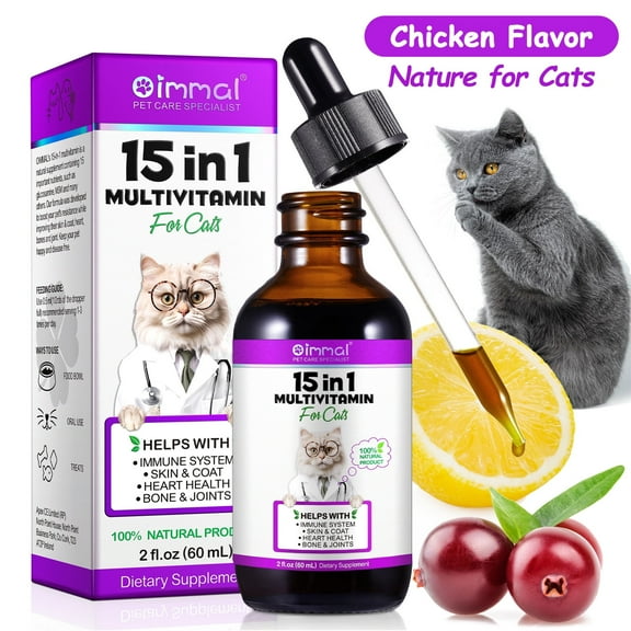 Oimmal 15 in 1 Multivitamin for Cats | Natural Glucosamine, Liquid Multivitamin Blend for Cat Joint, Gut & Immune Health - 2 fl oz