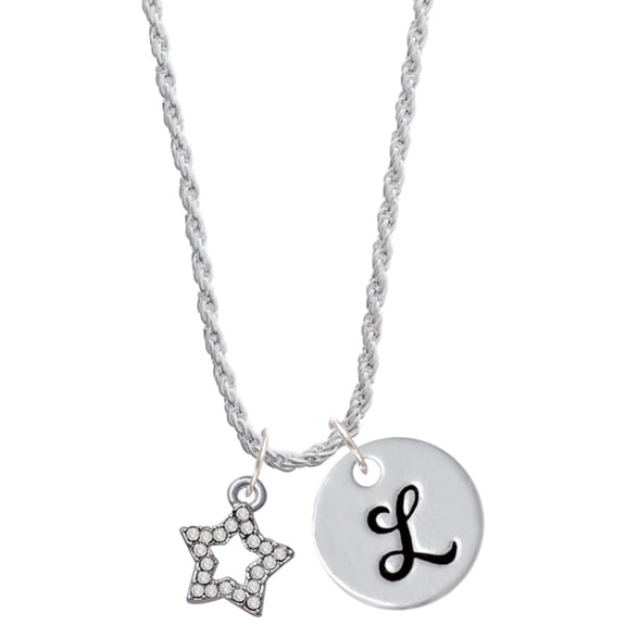 Delight Jewelry Silvertone Clear Crystal Lucky Star Silvertone Script Initial Disc - L - Charm Necklace, 20"+3"