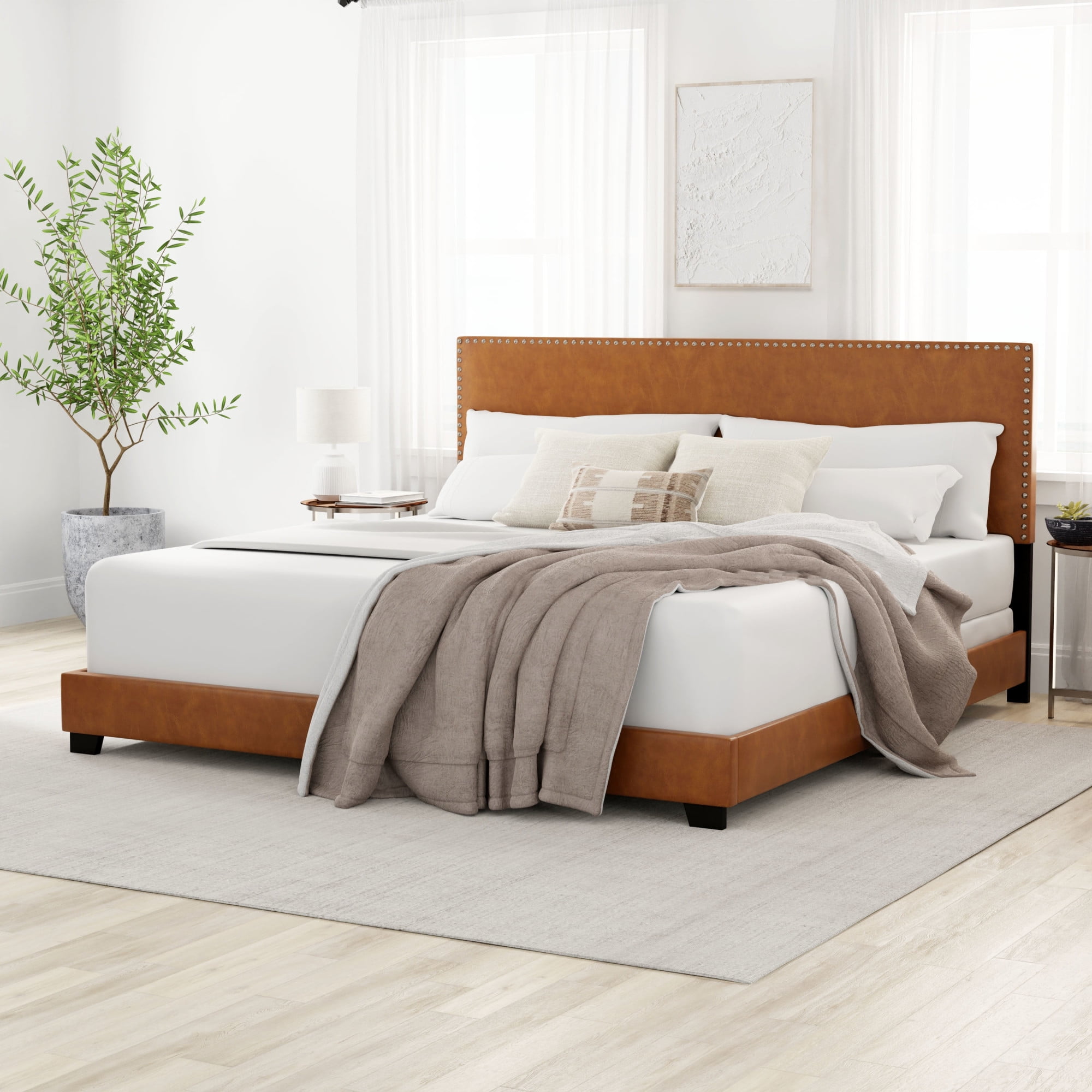 Willow Nailhead Trim Upholstered King Bed, Saddle Brown Faux Leather