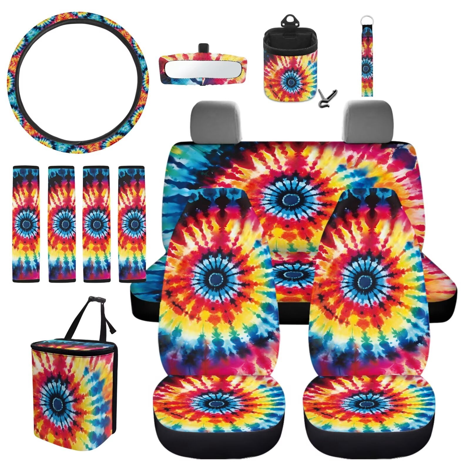 Garronmavis Aesthetic Tie-Dye 15 PCS Car Seat Cover Full Set 4 Pcs Car Seat Covers Steering Wheel Cover Keychain Car Trash Bag Car Pouch Organizer Auto Rear View Mirror Covers Car Coasters