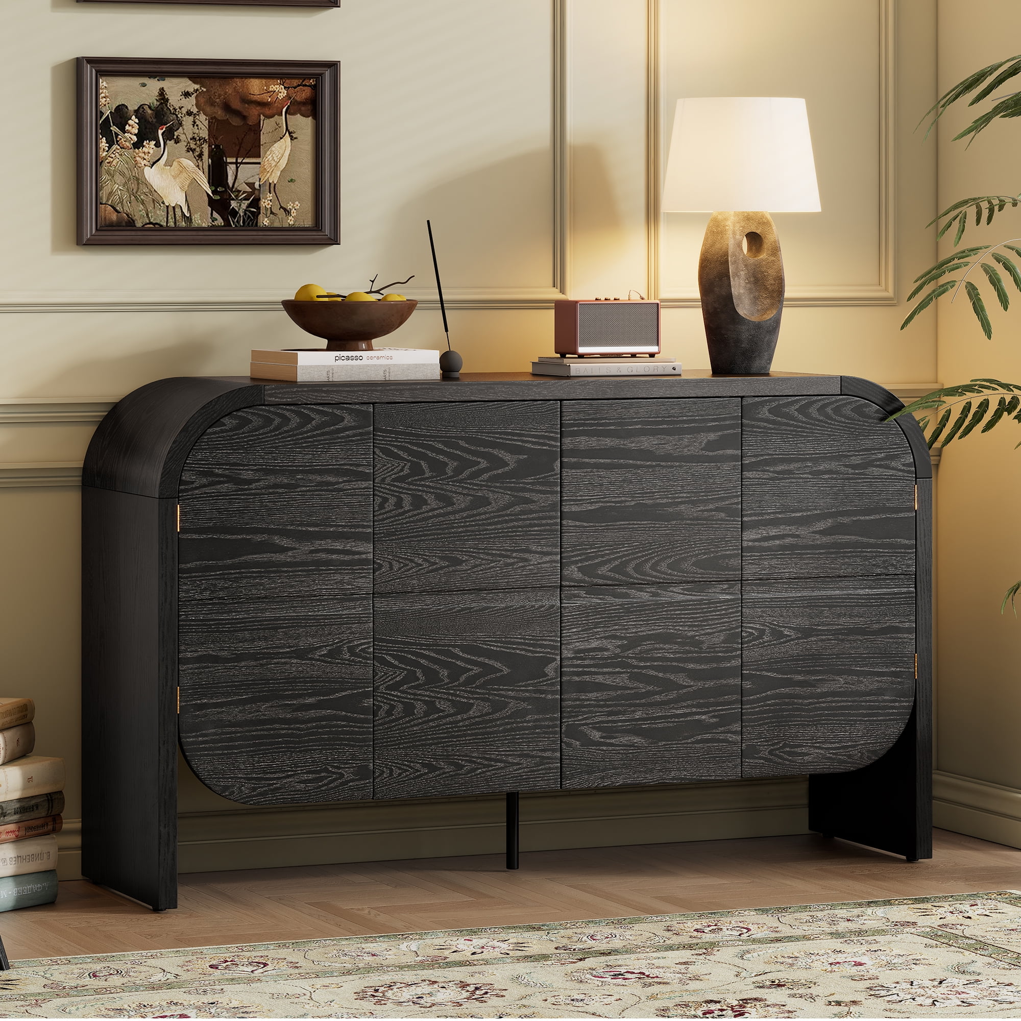 Aukfa Buffet Cabinet with 4-Door,Accent Cabinet Rounded Corners for Living Room Entryway,Black