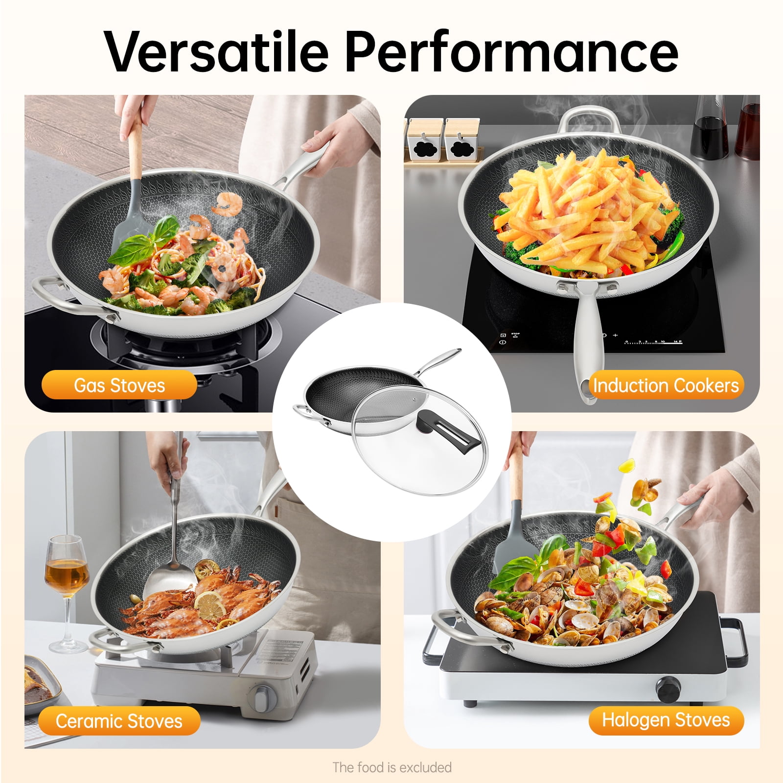 Miumaeov Double Sided Honeycomb Cooking Frying Pan Stainless Steel Non Stick w/ Glass Lid
