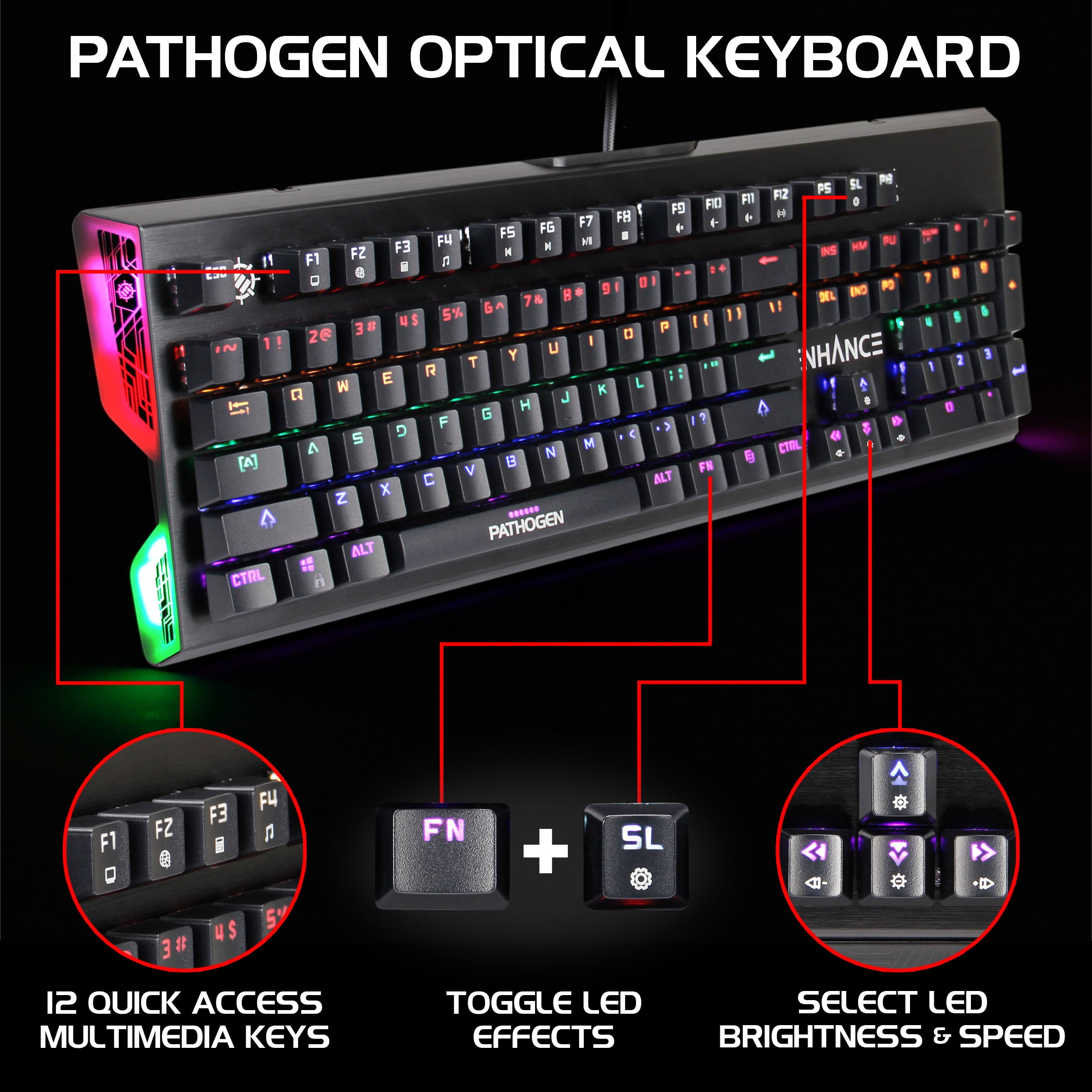 ENHANCE Optical Gaming Keyboard w/ Blue Tactile Mechanical Switches - Rainbow LED with 9 Effects