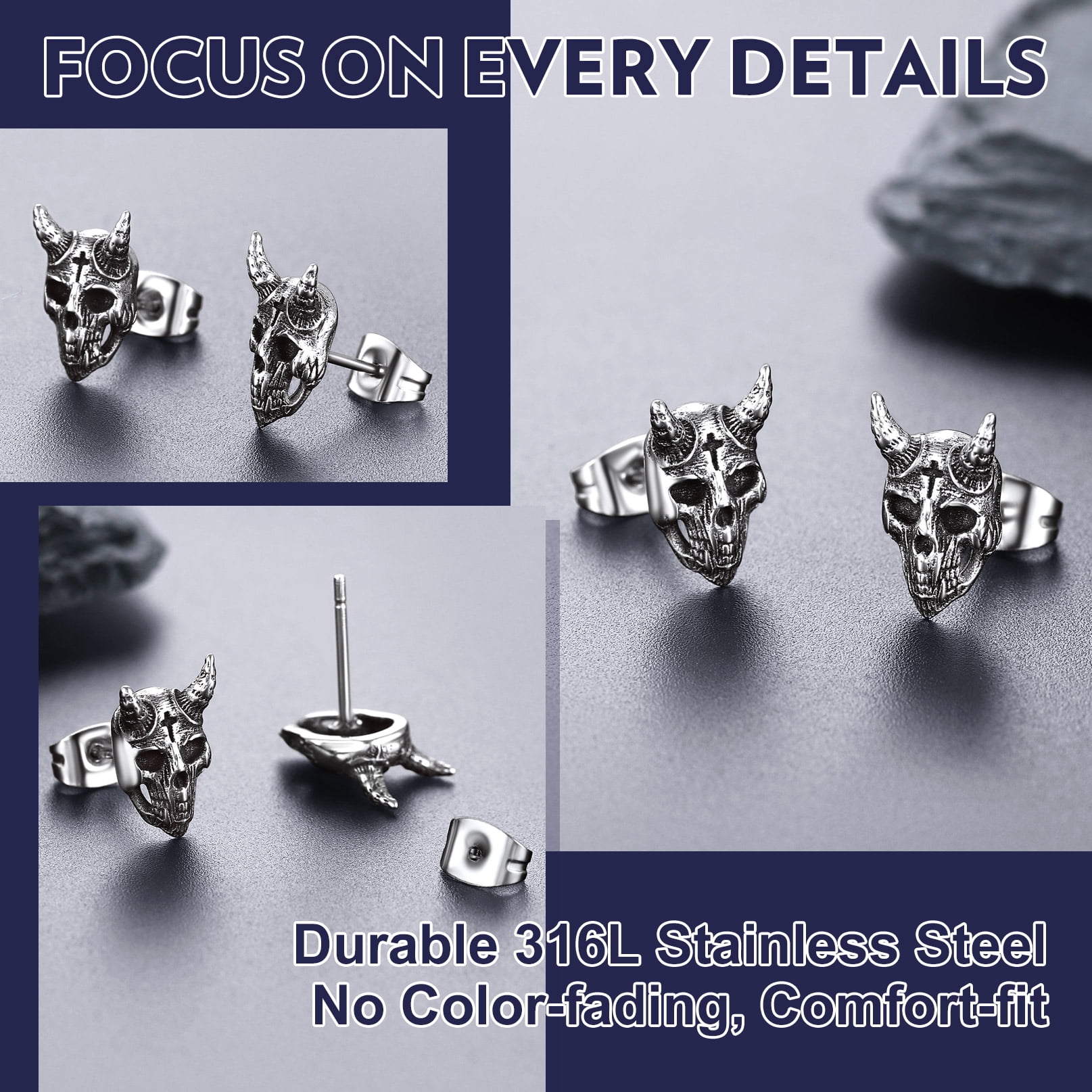 Bandmax Black Stainless Steel Skull Stud Earrings for Men Wowen Devil Skeleton Horns Earrings with Cross Symbol for Biker
