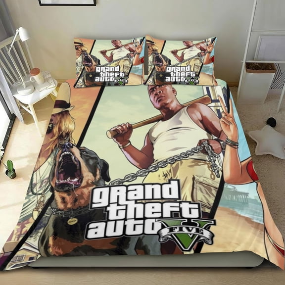 Grand Theft Auto Gra5 Themed Bed Sheet Set Three Piece Set 53x79 Inches Comfortable And Skin Friendly Unique Design Creating A Star Studded Night Home Decor Gifts For Family Friends fans