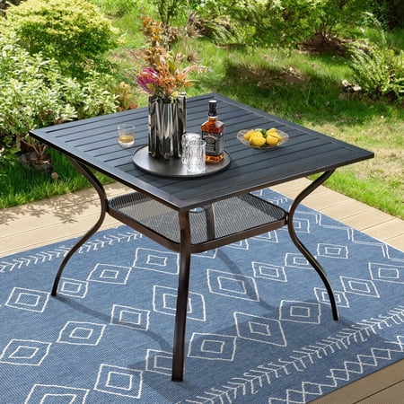 SUNCROWN Outdoor Furniture Dining Table 37" x 37" Metal Frame Patio Table Patio Furniture for 4 Person Square Steel Slat Tabletop with 1.57" Umbrella Hole for Garden Porch, Classic Black