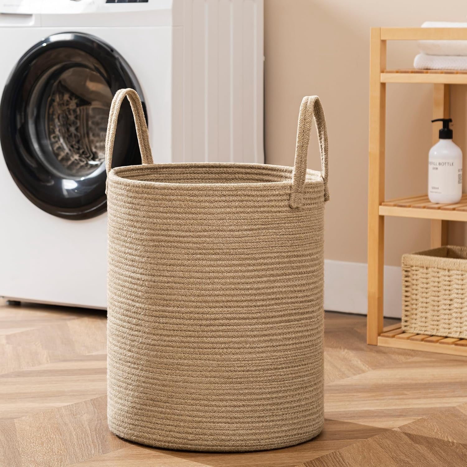 TT-Laundry Basket, 52L Woven Laundry Hamper, Baby Nursery Hamper for Toys, Blanket Basket for Living Room, Clothes Hamper for Bedroom&Baby Room, Jute