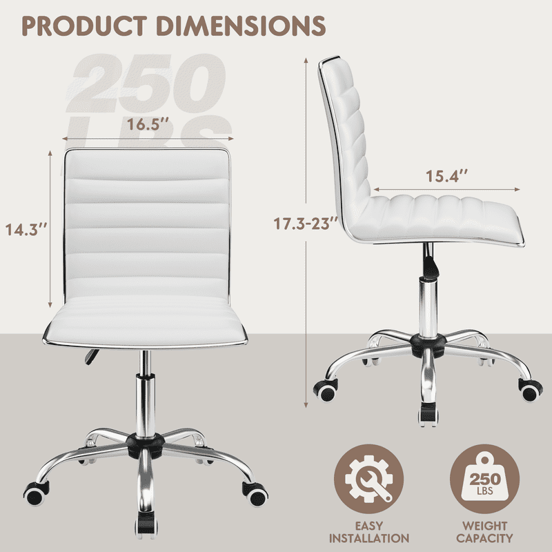 Lacoo Task Chair Desk Chair Mid Back Armless Vanity Chair Swivel Office Rolling Leather Computer Chairs Ribbed Adjustable Conference Chair (White)