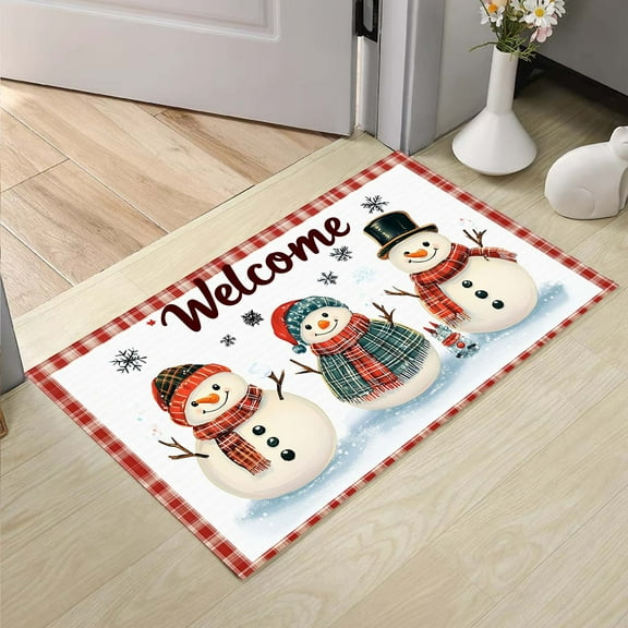 Christmas Door Mat Welcome Doormat Christmas Snowman Rug Winter Seasonal Floor Mat Xmas Decorative Buffalo Plaid Non Slip Front Door Mat for Indoor Outdoor Entrance, 24 x 16 Inch