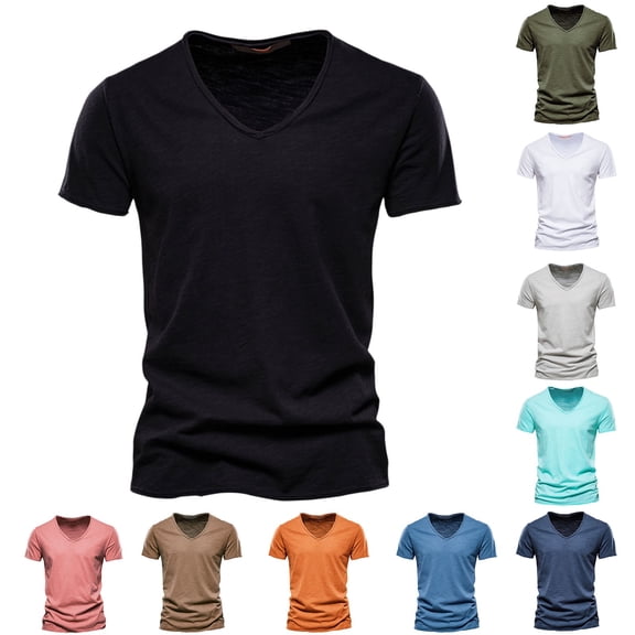 Blekii Men's Fashion Casual Solid Color Cotton V-Neck Short Sleeve T-Shirt Top - Breathable Moisture-Wicking Fabric, Lightweight Comfort - Great for Gym Workout, Running, Summer