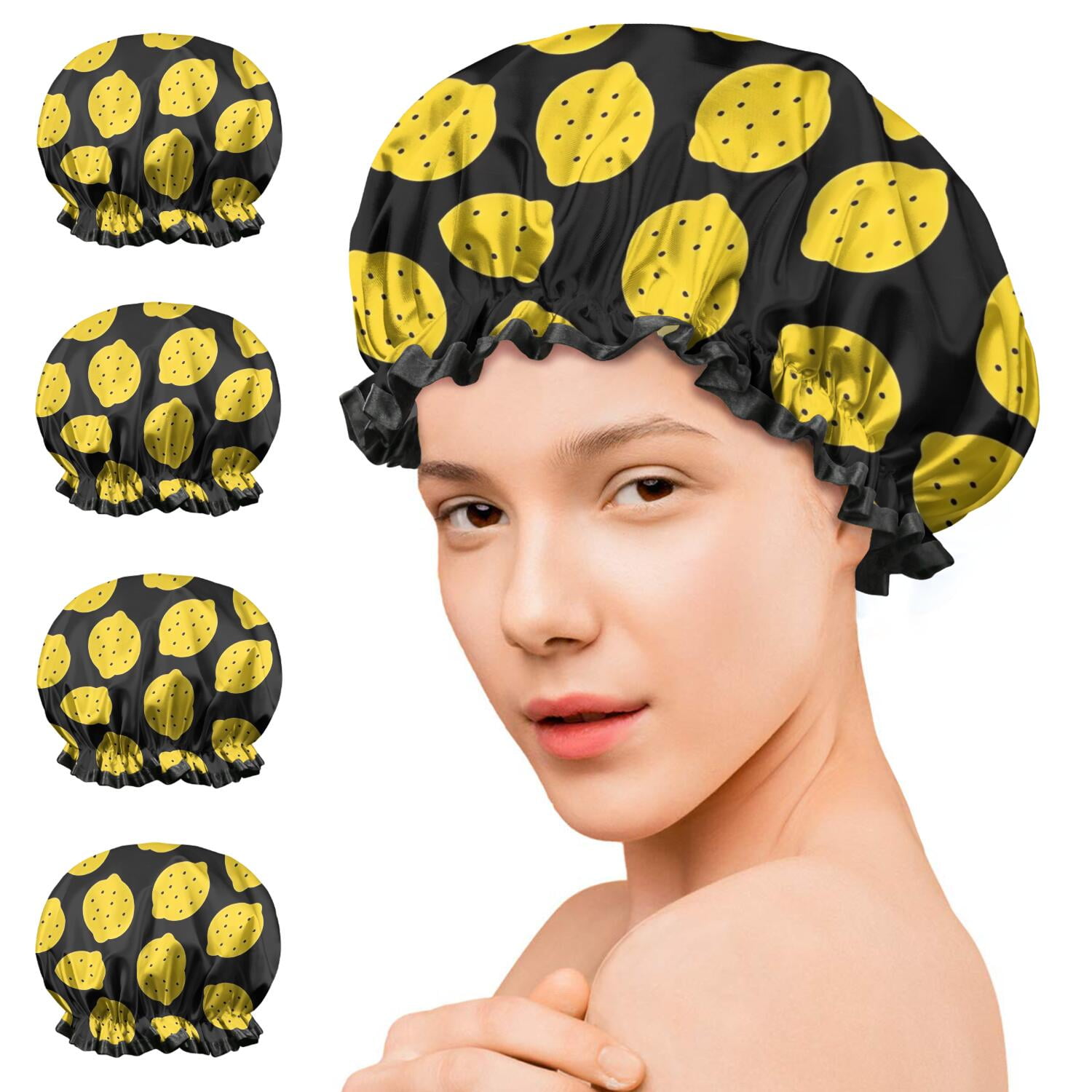 Shower Caps,Yellow Lemon Fruit Dots Black Pattern Waterproof Shower Cap for Women 4 Pieces,Double Reusable Hair Cover for Shower PEVA Elastic Stretch Hem