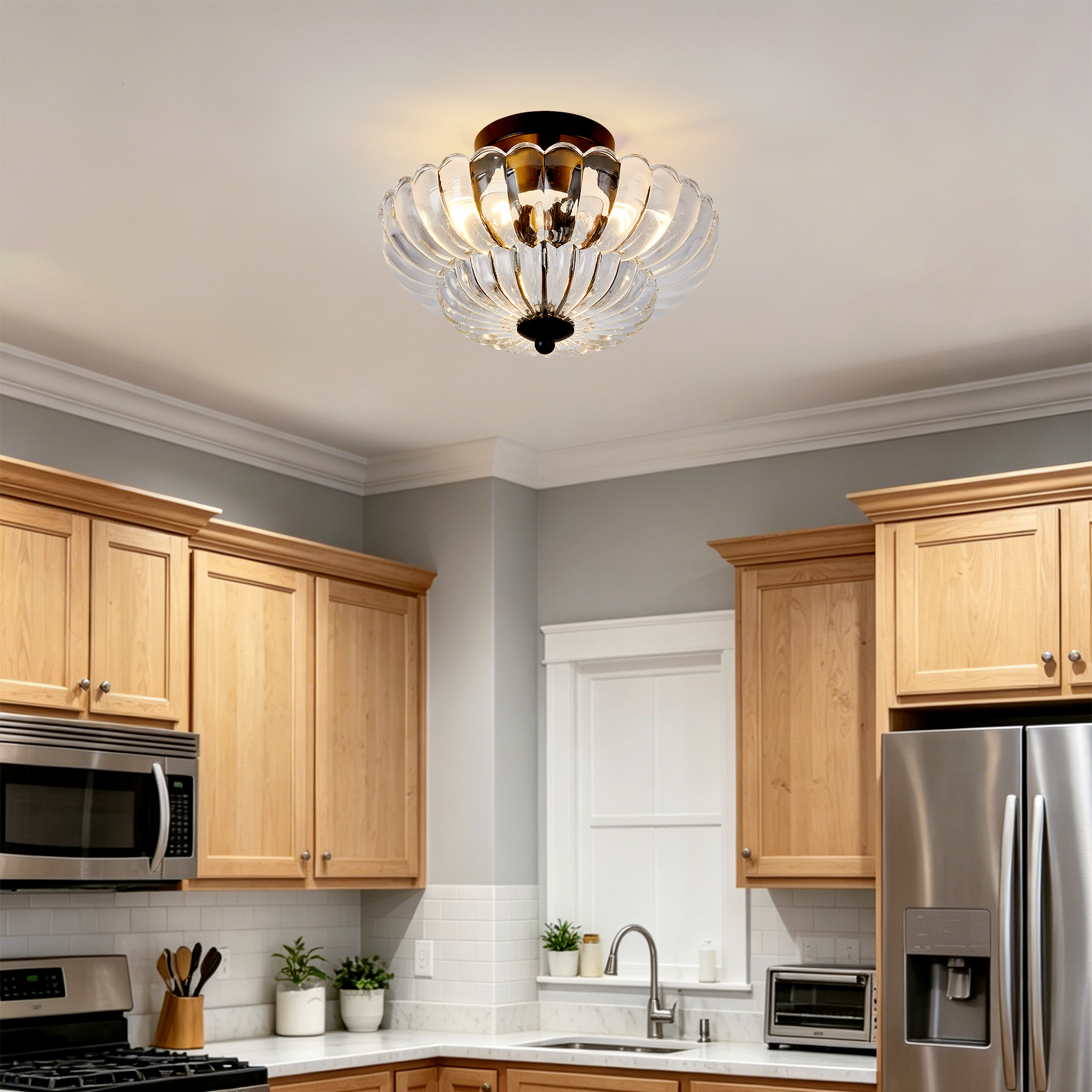 Leumius Semi Flush Mount Ceiling Light, 3-Light Close to Ceiling Light Fixtures with Flower Glass, Vintage Ceiling Lights for Hallway Living Room Kitchen Bedroom Bathroom, Clear+Black