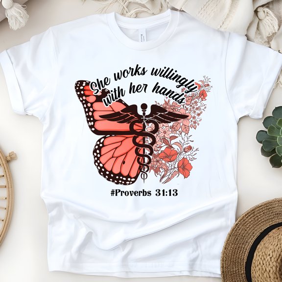 She Works Willingly With Her Hands T-Shirt for Women, Proverbs 31:13 Scripture Tee, White, Size S