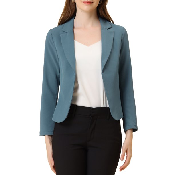 BLAZER CHIC para Mujeres Abierto Frontal Ropa de Trabajo Verano Chaqueta Corto Azul Gris Sólido 2XL