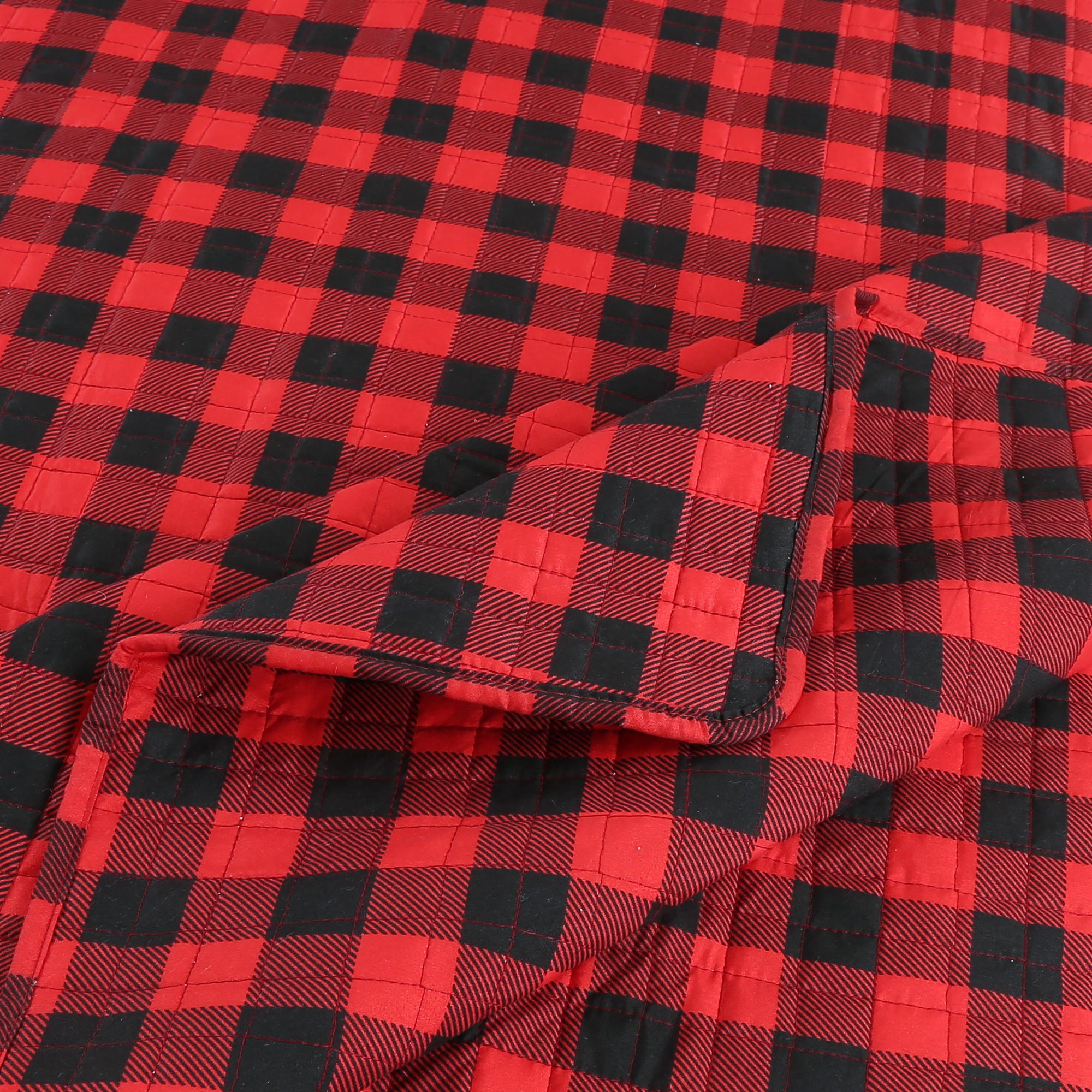 3-Piece Christmas Buffalo Plaid Quilt Set – Red & Black Gingham Bedspread ME506