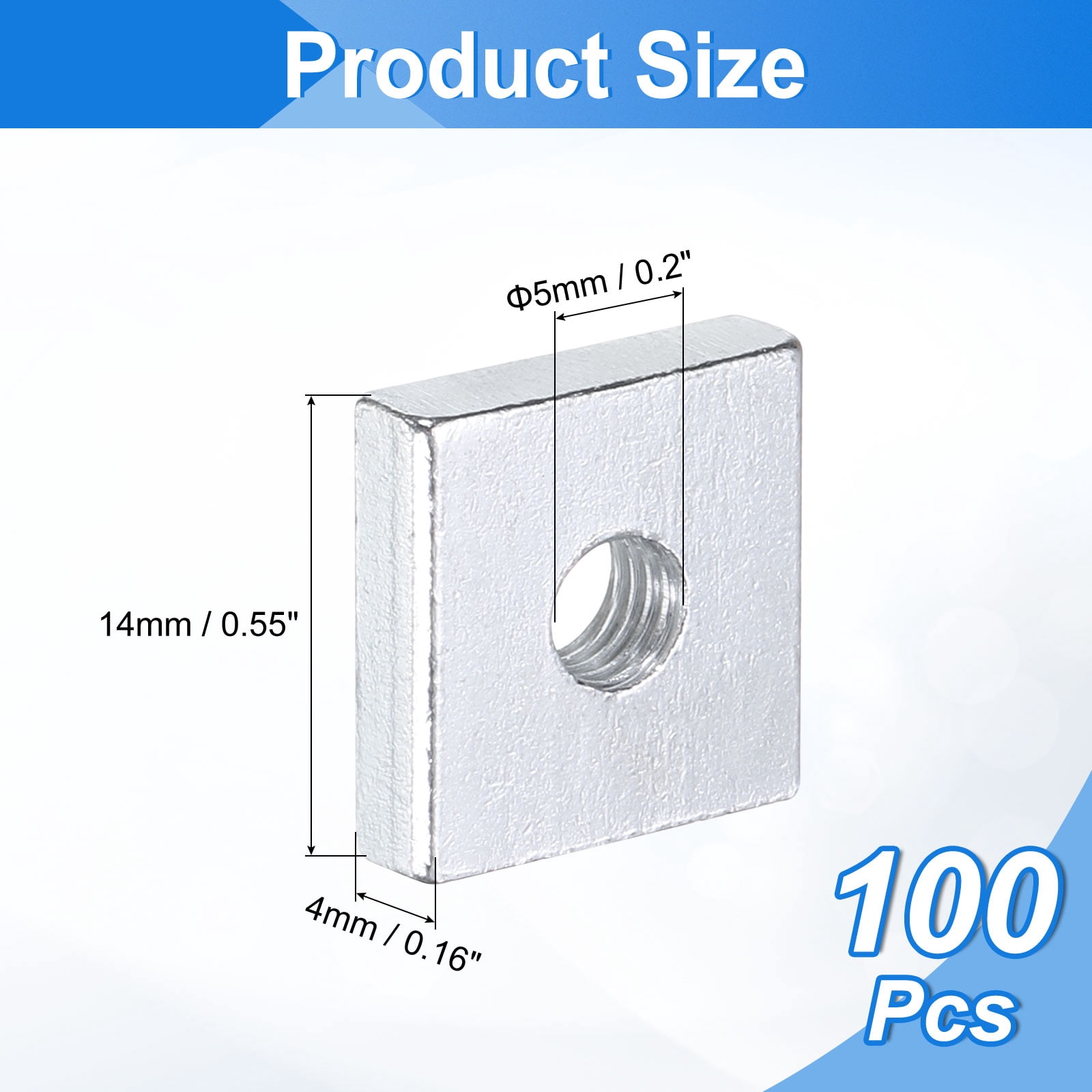 100Pack M5x14mmx4mm Square Nuts, Carbon Steel Zinc Plated Coarse Thread Nuts