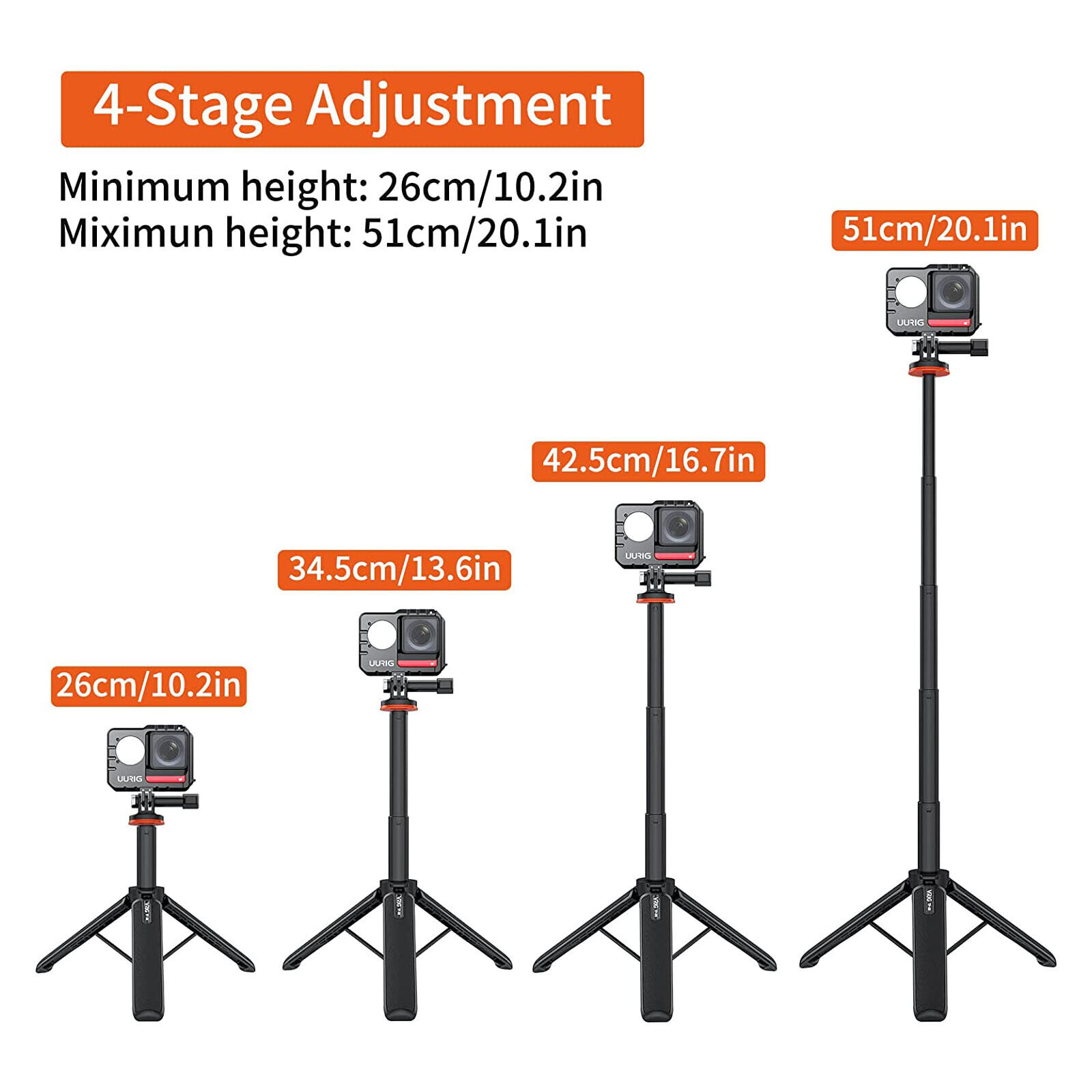 VRIG TP-08 Portable Selfie Stick Handheld Tripod Stand For GoPro Hero 12/11/10/9, For Vlog Live Streaming Selfie Video Recording