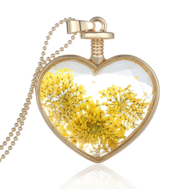 Guardapelo Flotante Collar De Cadena Amarilla Colgante De Flores Secas En Forma De Corazón De Cristal