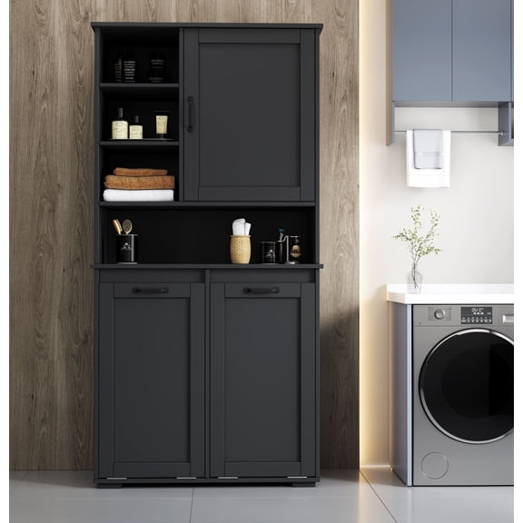 CQSXDA Freestanding Laundry Cabinet with Doors, Adjustable Shelves, Tilt-Out Hamper, Storage Solution for Organizing