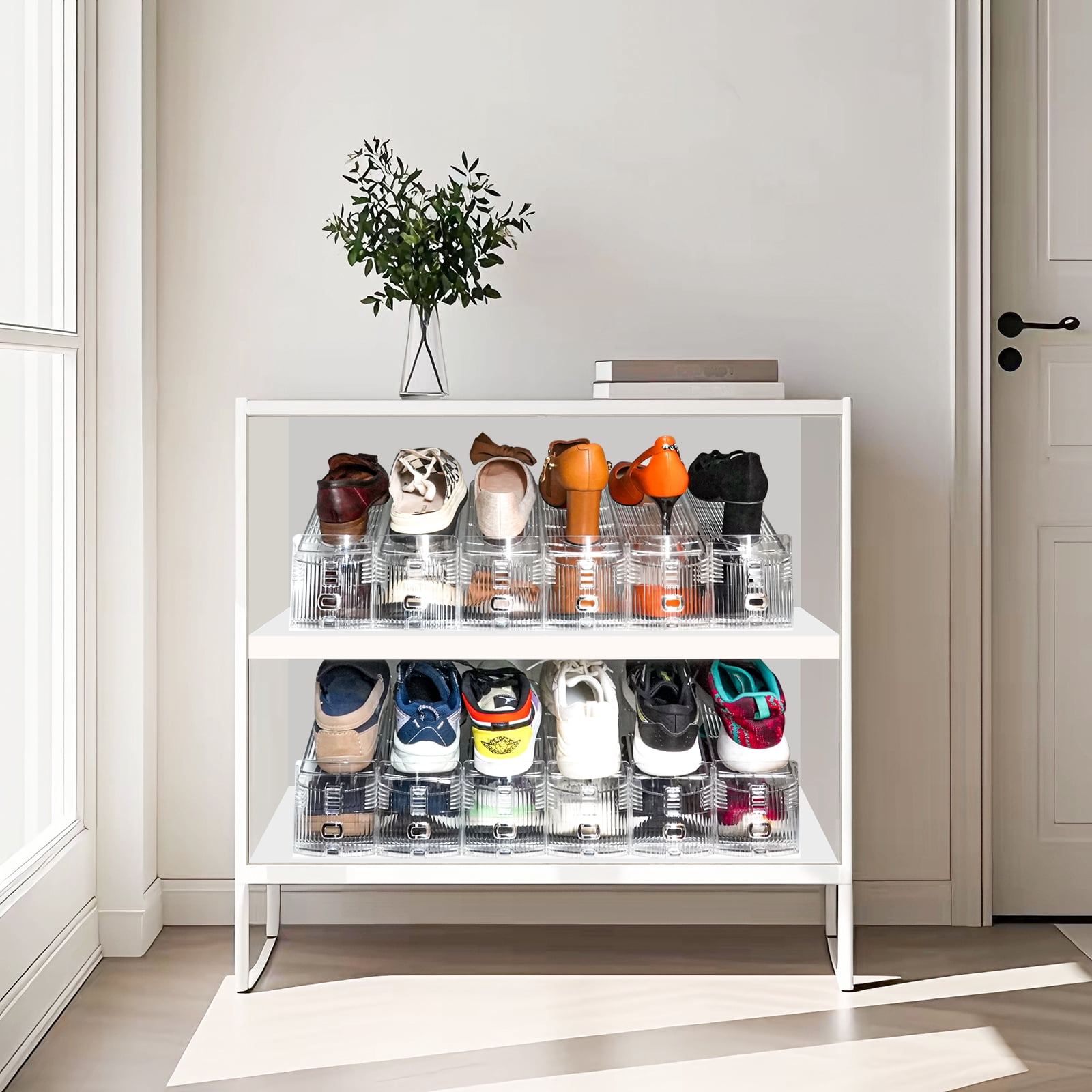Yashong 12PCS Shoe Slots Organizer, 50% Space-Saving Storage Rack Holder, Adjustable Double Layer Stack Shoe Rack, Transparent