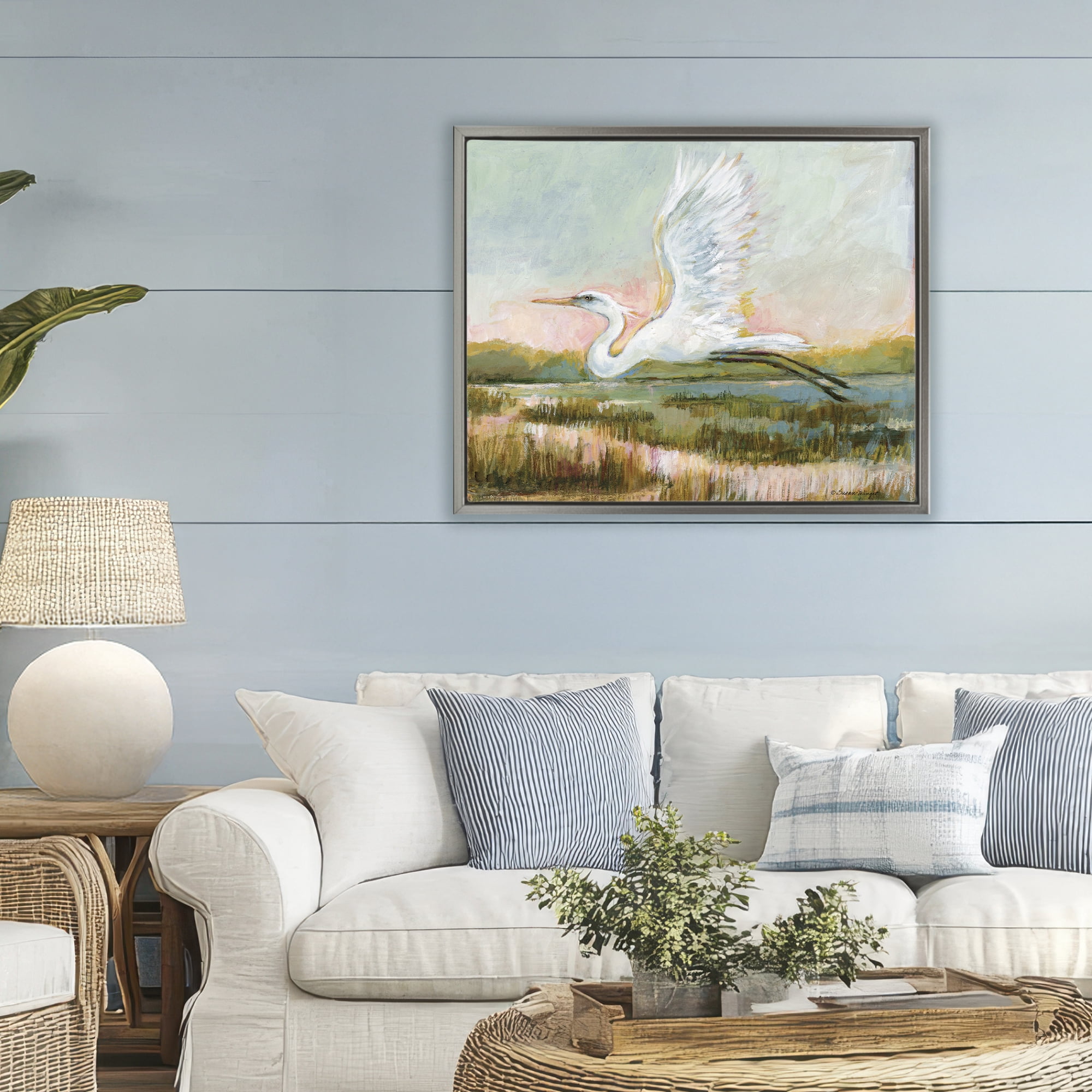 Stupell Industries White Heron Flying Gray Framed Floater Canvas Wall Art, design by Susan Winget