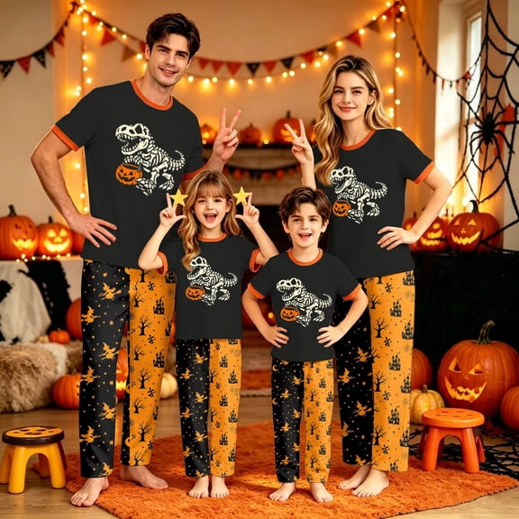 Halloween Family Matching Pajamas Set, Soft Polyester Print Short Sleeve Pullover Onesie Loungewear, Cute Sleepwear for Halloween Party Movie Night, Matching Family Pajama Set