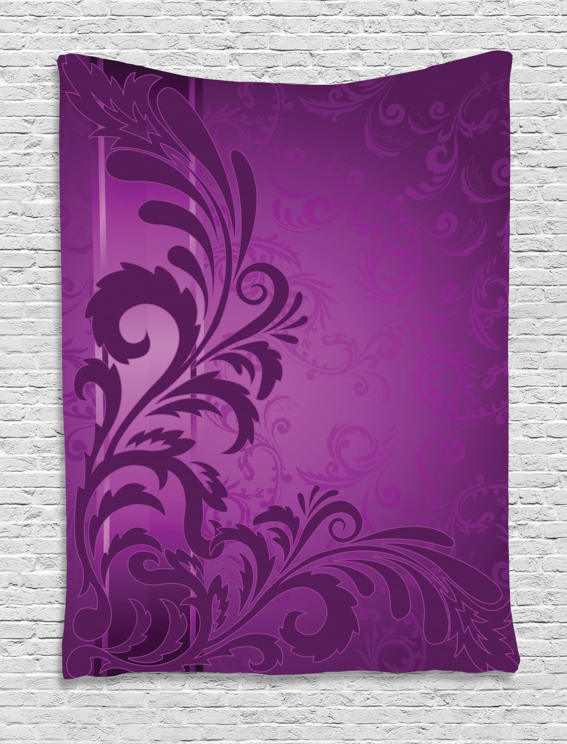 Purple Tapestry, Spiralling Floral Branch on the Vertical Strip Purple on Purple Retro Style ...