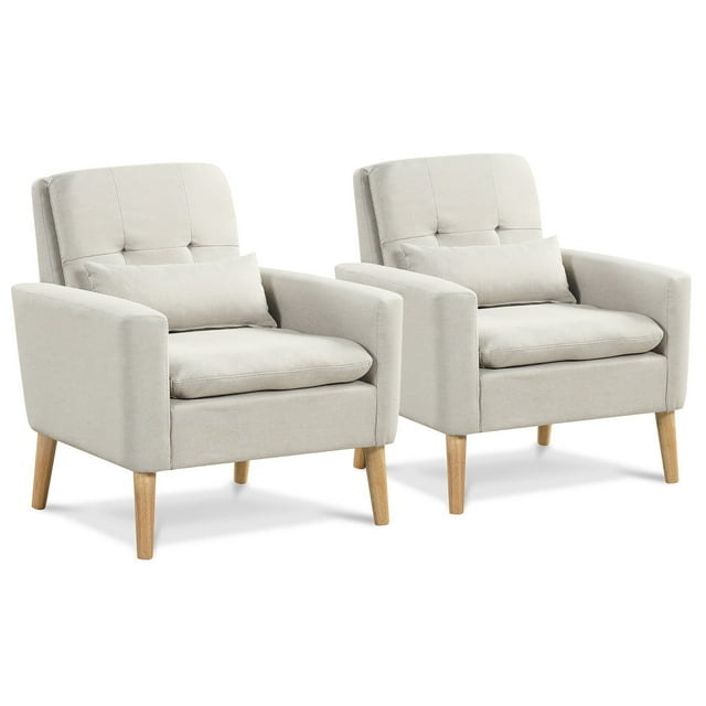 Gymax 2PCS Mid-century Accent Chair Linen Fabric Reading Armchair w/ Lumbar Pillow Beige
