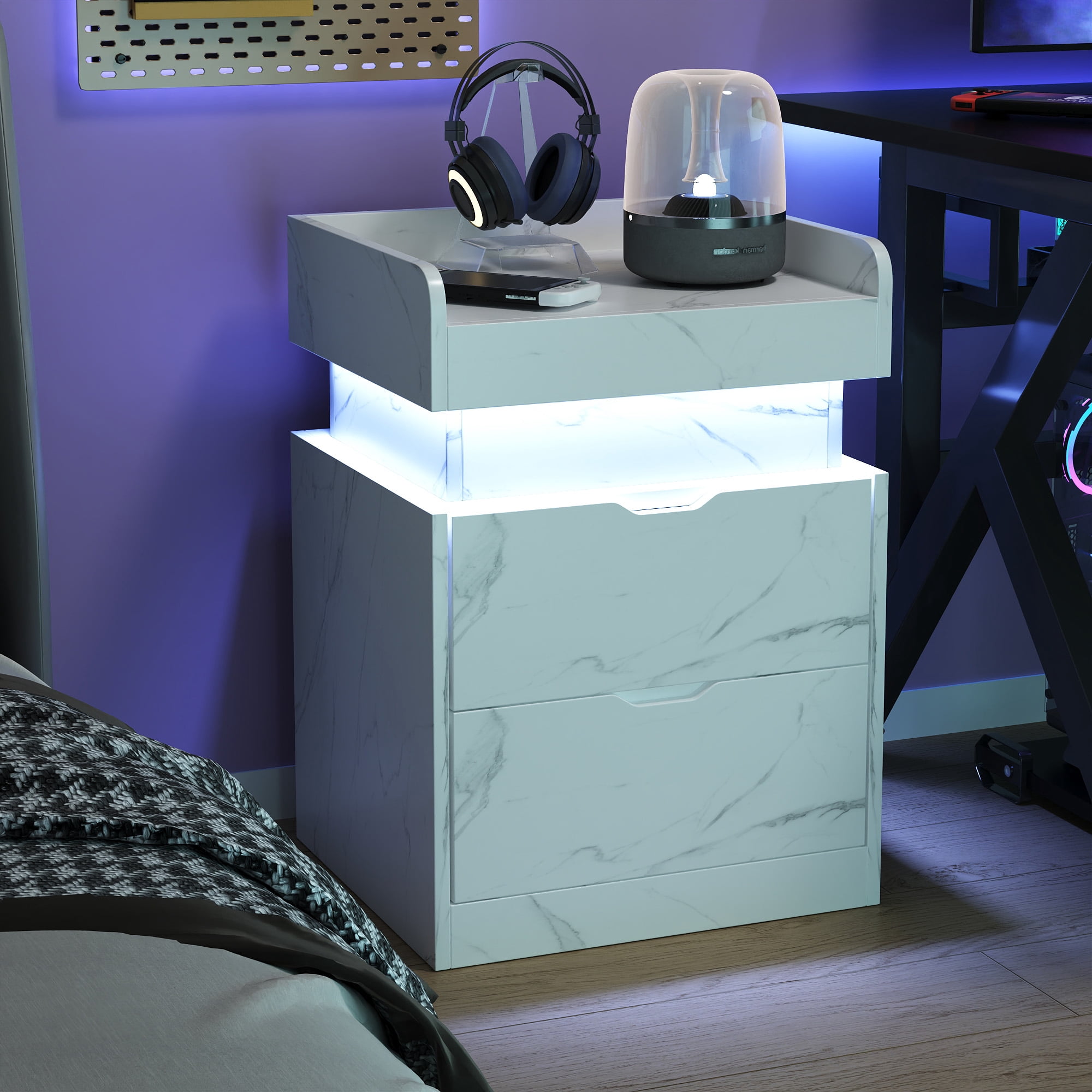 NEGYLIM Bedside Table, Nightstand with Multi-Color LED Light Strip, Quiet Drawers, 3 Drawers, Small Space Solution, Bedroom End Tables, White