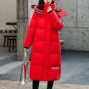 EGNMCR Womens Long Puffer Coat, Long Sleeve Padded Winter Down Coats, Hooded Parka Jacket Women's Winter Korean Casual Thickened Cold Proof Fashion Knee Length Hooded Cotton Coat Women Coat