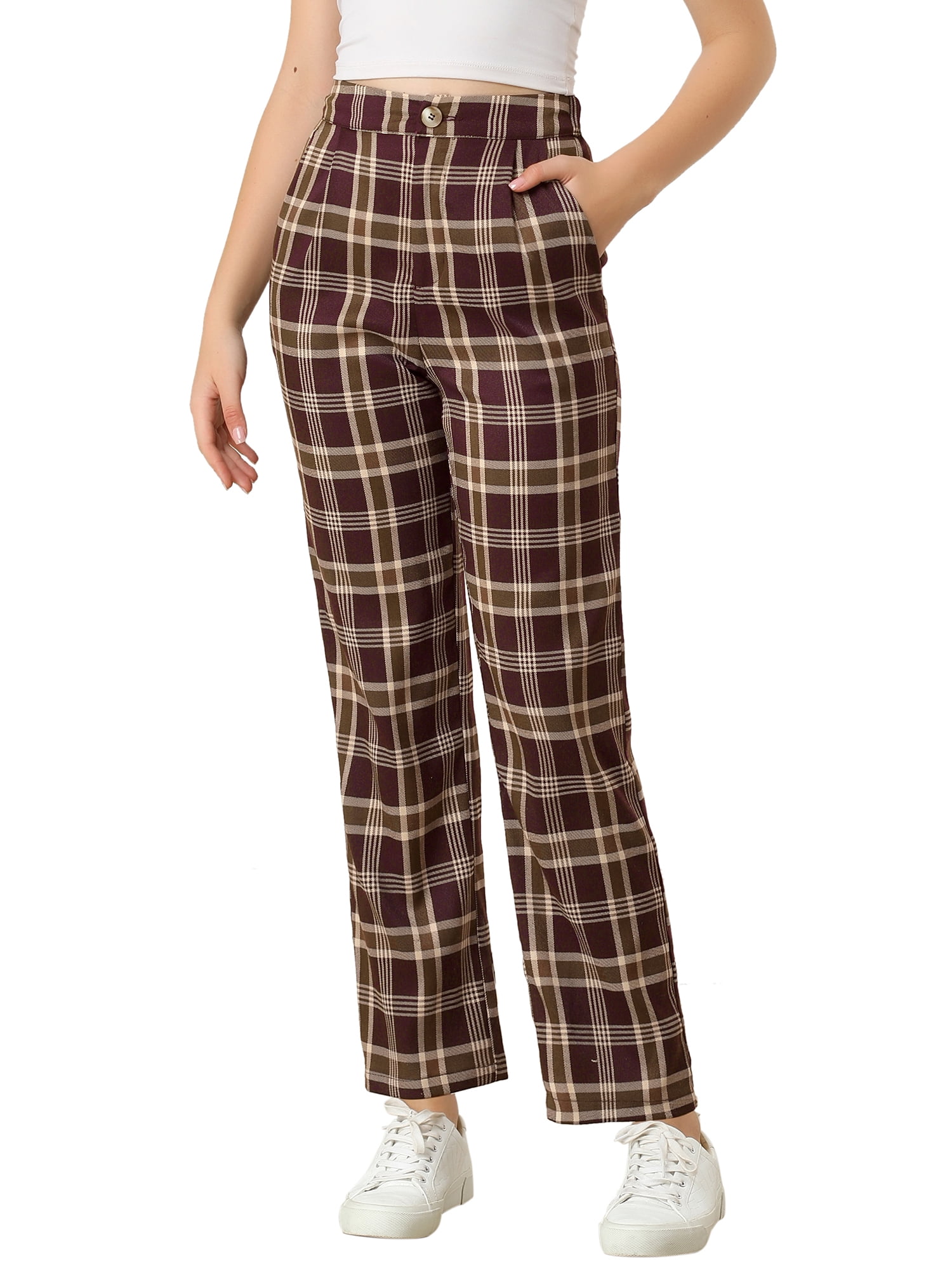 DARING DIVA Women's Plaid Trousers Pockets Straight Leg Casual Pant XL Red Brown